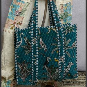 Quilted Teal Tropical Print Tote Bag